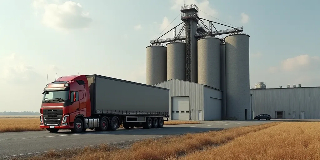 a large truck parked in front of a factory building with a large silo behind it and a large silo beh