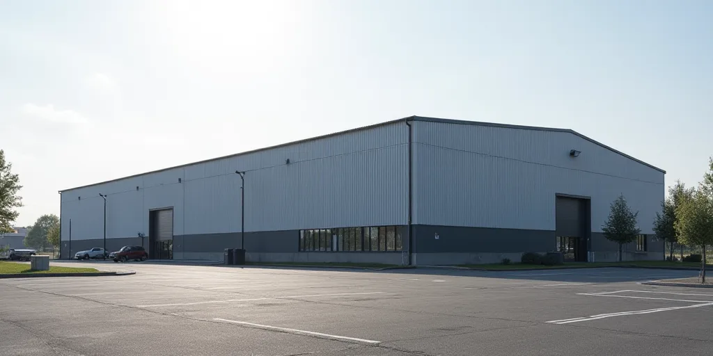 a large warehouse building with a parking lot in front of it and a parking lot in front of it, Avgus