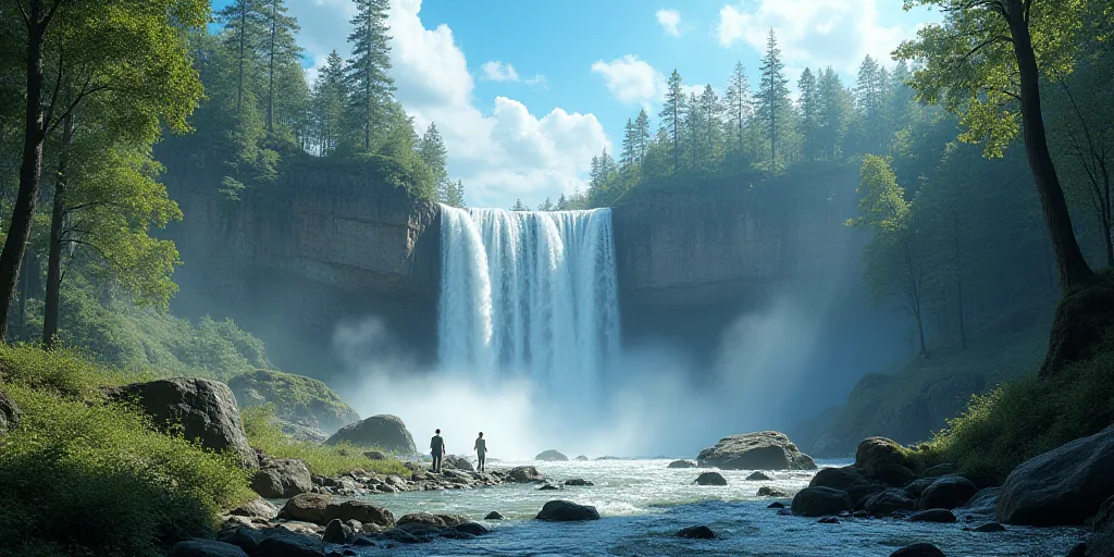 a large waterfall is in the middle of a forest area with a blue sky in the background and a few peop