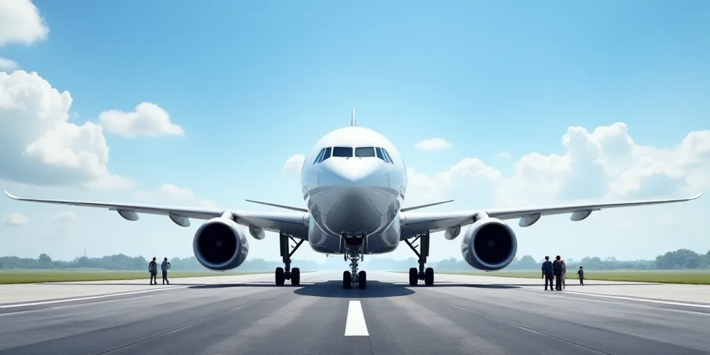a large white airplane on a run way with people around it and a blue sky in the background with clou