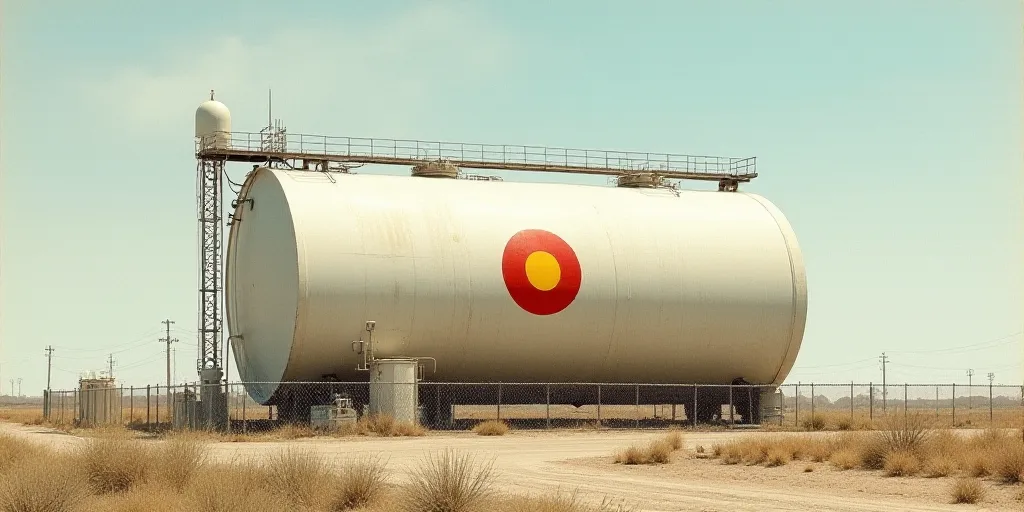 a large white tank with a red and yellow logo on it's side and a fence around it, Aquirax Uno, oil,