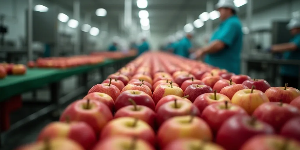a line of apples in a factory with workers in the background working on the assembly line and prepar