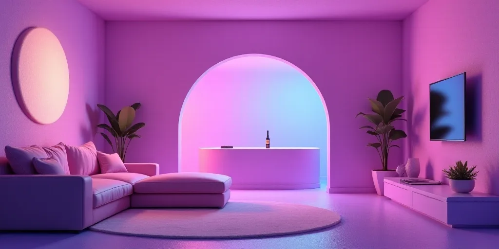 a living room with a couch and a bar in it with a purple wall and a purple arch in the center, Beepl