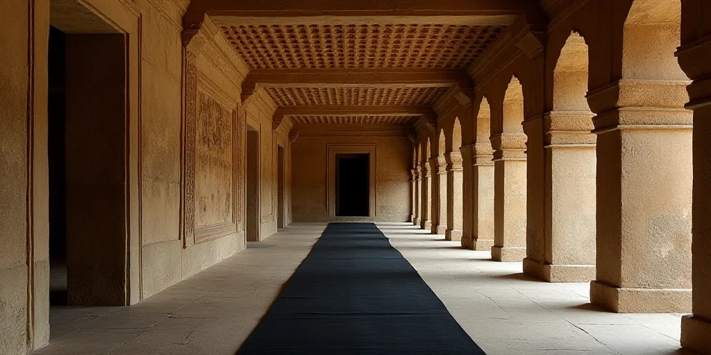a long narrow hallway with carvings on the walls and ceiling in a temple in india, with a black clot