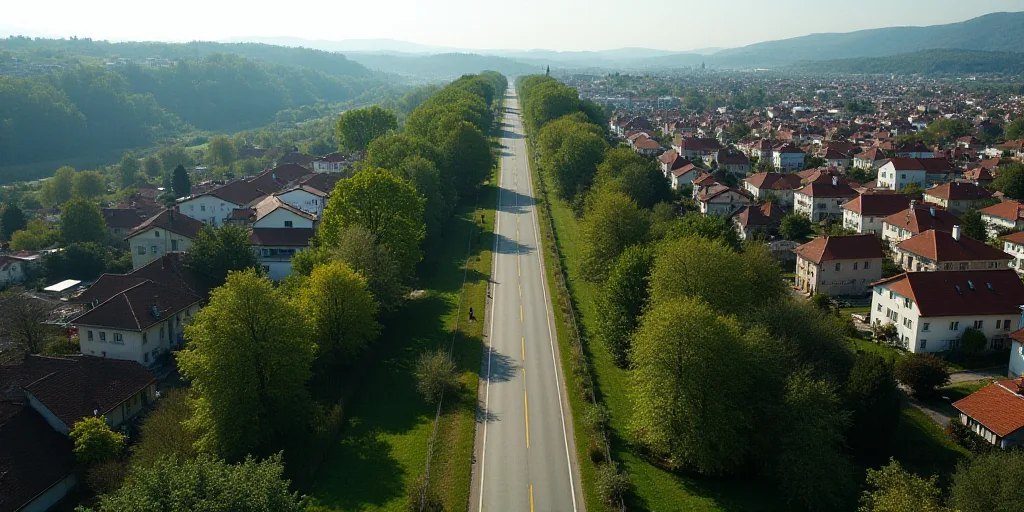 a long road in a small town with a lot of houses and trees on the side of it and a few buildings on