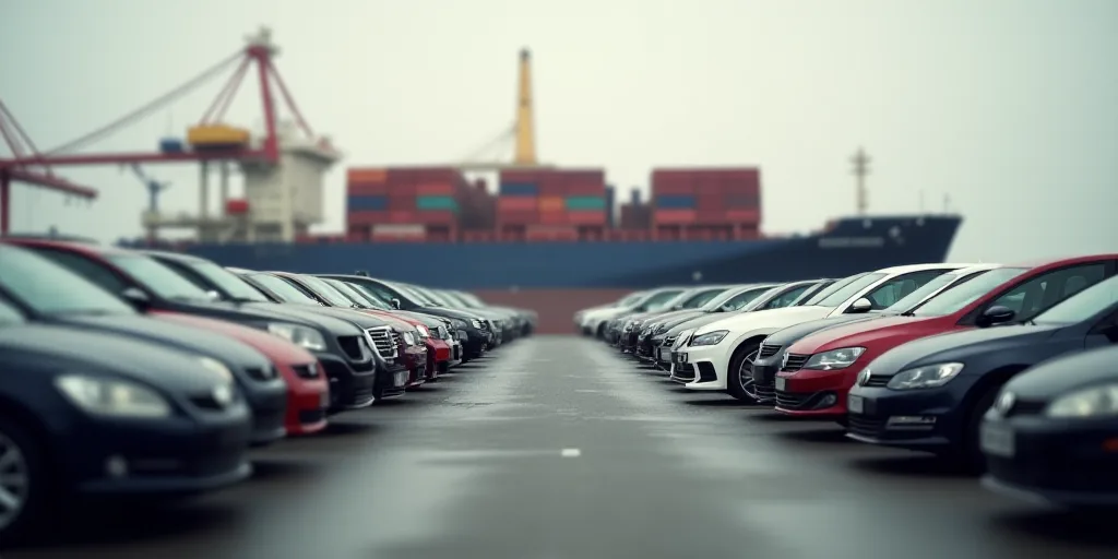 a lot of cars parked in front of a large container ship with a crane in the background and a cargo s