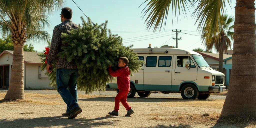 a man and a child carrying a christmas tree together in a yard with a van in the background and a pa