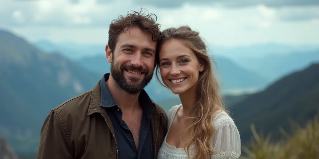 a man and a woman are smiling for a picture together in front of a mountain backdrop with a blue sky