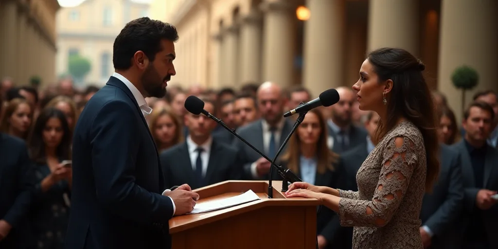 a man and a woman are speaking at a podium with a microphone in front of them and a crowd of people,