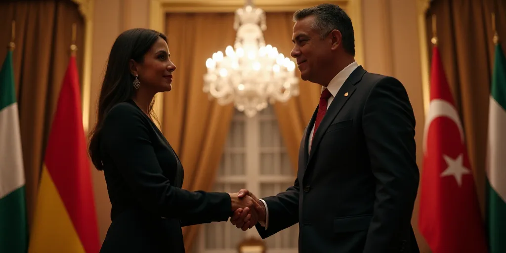 a man and a woman shaking hands in front of flags in a room with a chandelier and a chandelier, Carl