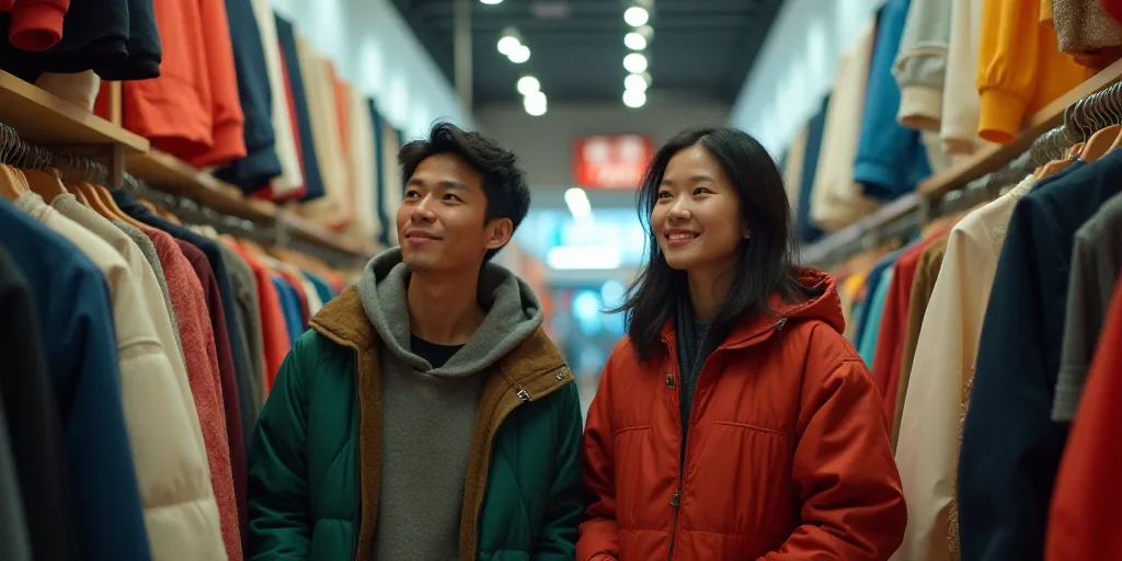 a man and a woman shopping in a store with a large amount of clothing on display in the background,