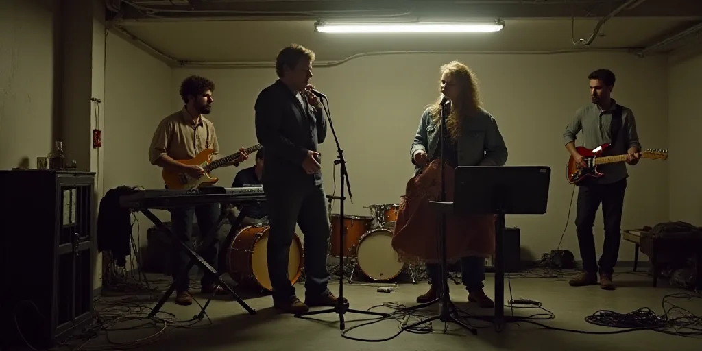 a man and a woman singing in a garage with a guitar and keyboard in front of them and a man playing