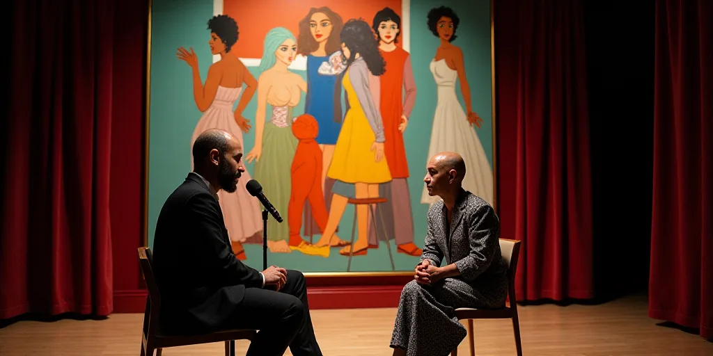 a man and a woman sitting next to each other on a stage talking to each other with a microphone, Fra
