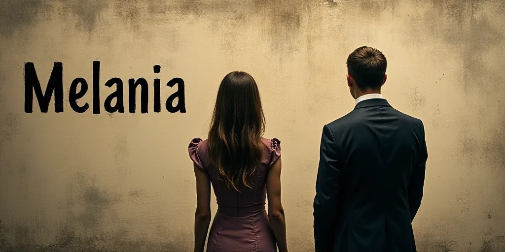 a man and a woman standing in front of a wall with the word melania on it and a man in a suit and ti