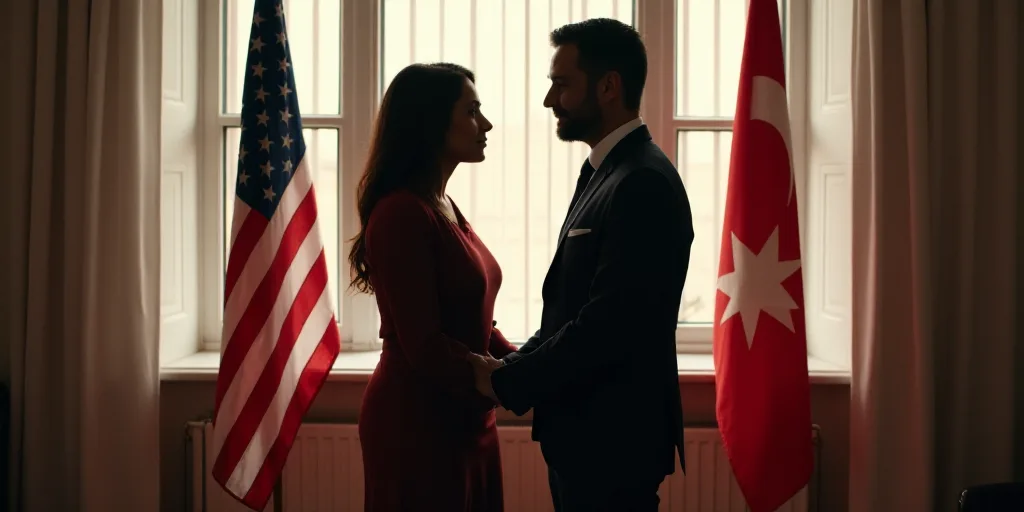 a man and a woman standing in front of flags in a room with windows and blinds on the side, Aramenta