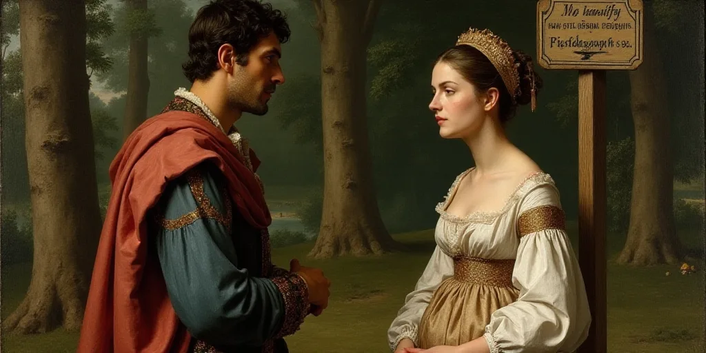 a man and a woman standing next to each other talking to each other in front of a sign with trees in