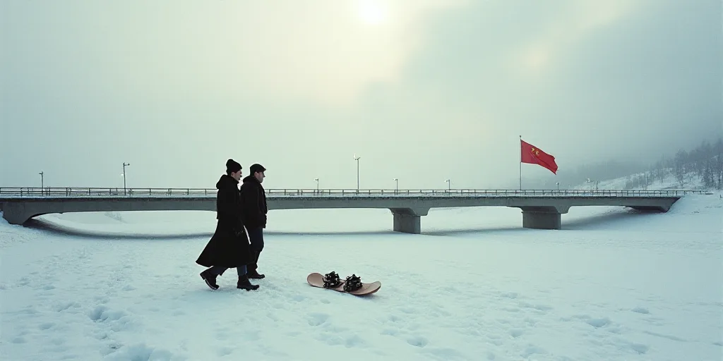 a man and a woman walking across a bridge with a snowboard on the ground and a flag on the ground, A