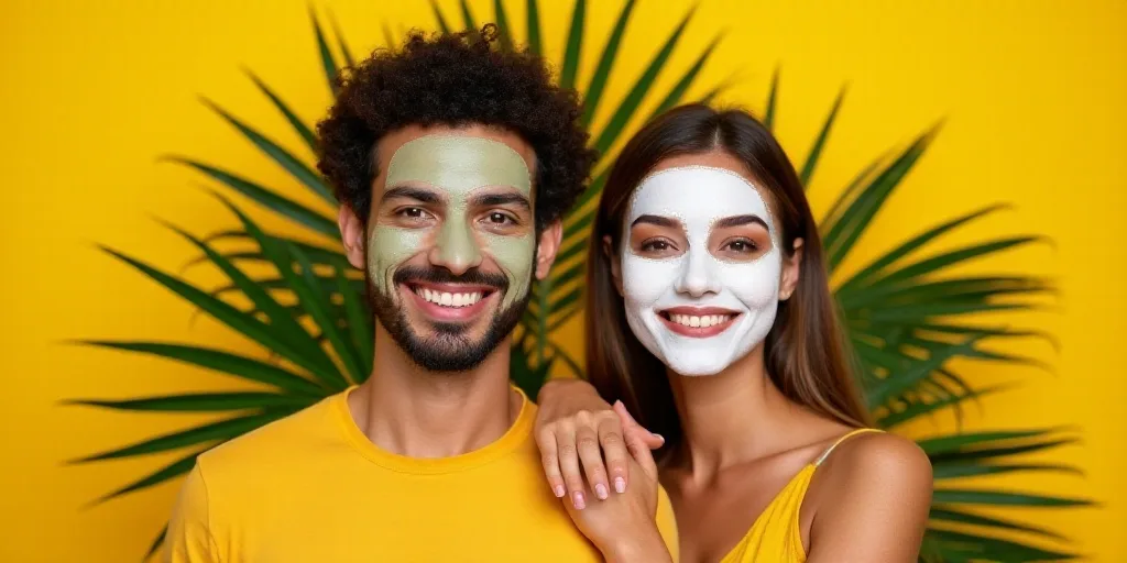 a man and a woman with facial masks on their faces and palm leaves around them on a yellow backgroun