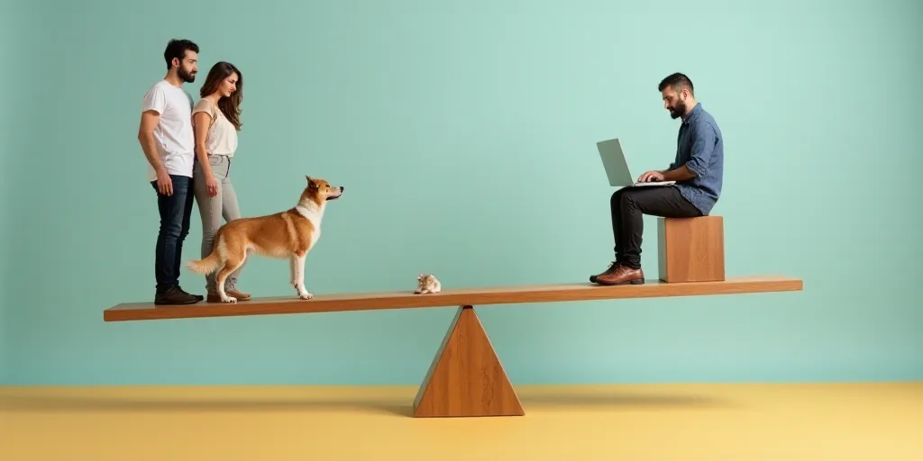 a man and woman are balancing on a seesaw with a dog and cat on it, and a man is on the scale with a