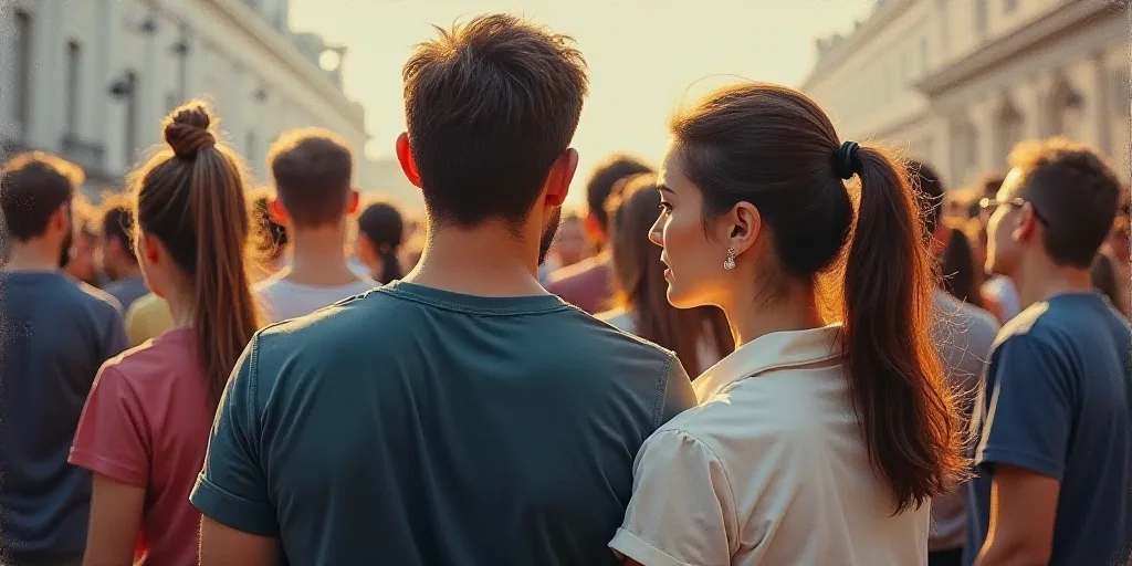 a man and woman are looking at something while others look on from behind them in a crowd of people,