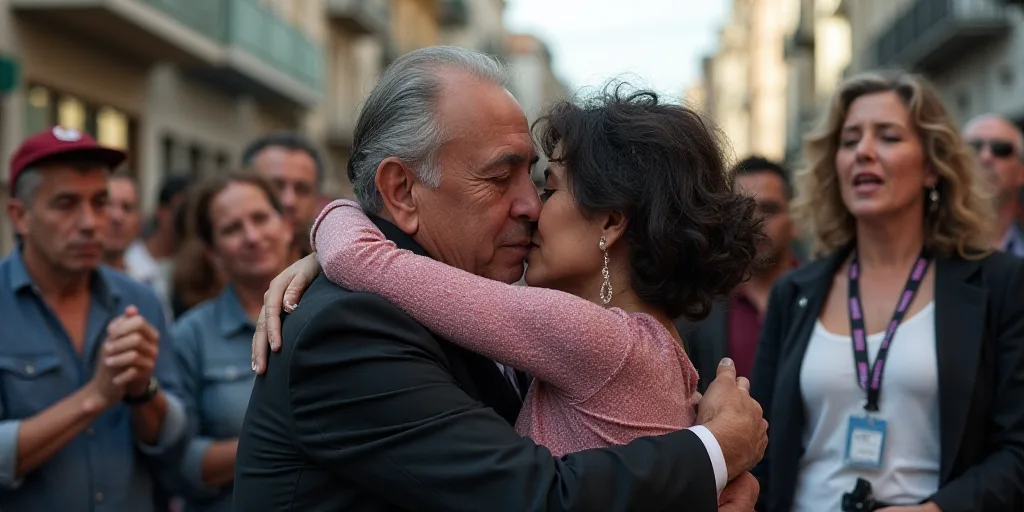 a man and woman hug each other in front of a crowd of people on a street corner, with one woman cove