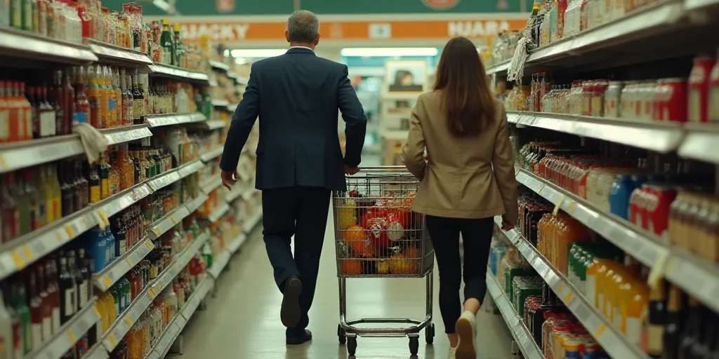 a man and woman pushing a shopping cart through a grocery store aisle with a cart full of drinks and