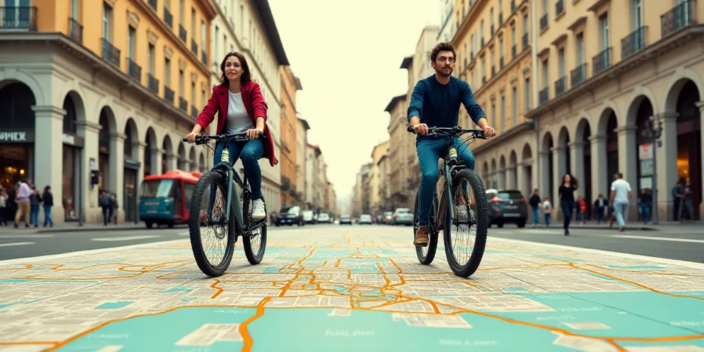 a man and woman riding bikes on a city street with a map of the streets and a picture of a man on a