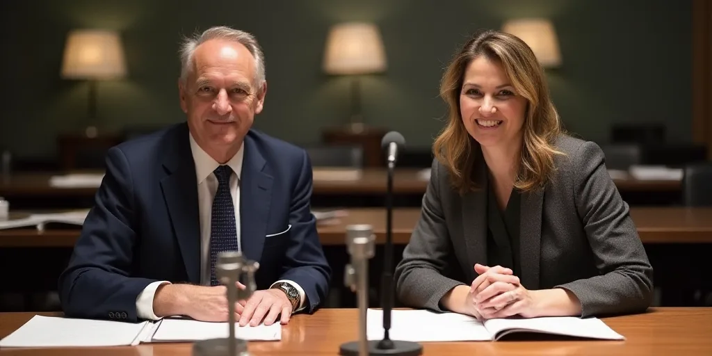 a man and woman sitting at a table with papers in front of them and a microphone in front of them, D