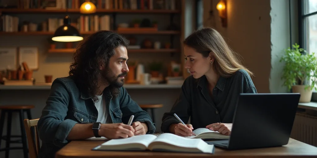 a man and woman sitting at a table with a laptop and a notebook in front of them, both looking at a