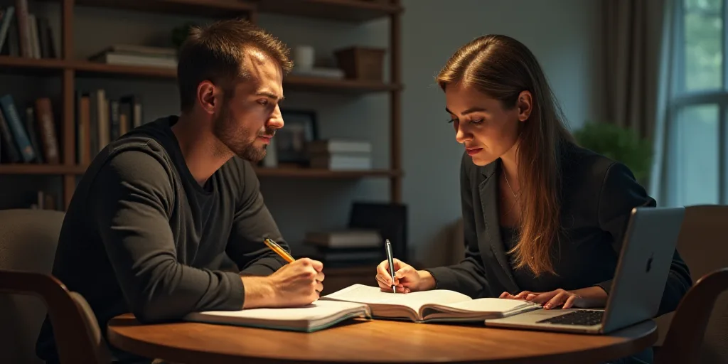 a man and woman sitting at a table with a laptop and a notebook in front of them, both looking at a
