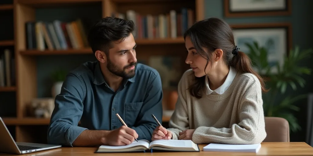 a man and woman sitting at a table with a laptop and a notebook in front of them, both looking at a