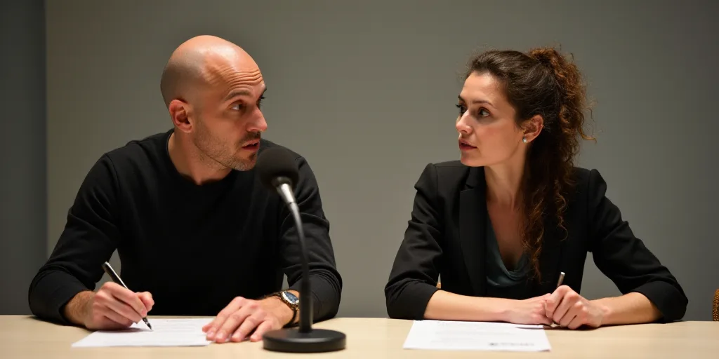 a man and woman sitting at a table with papers in front of them and a microphone in front of them, D