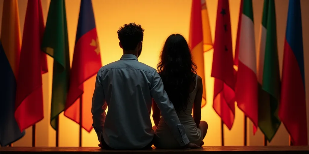 a man and woman sitting next to each other in front of flags of different colors and colors on a sta