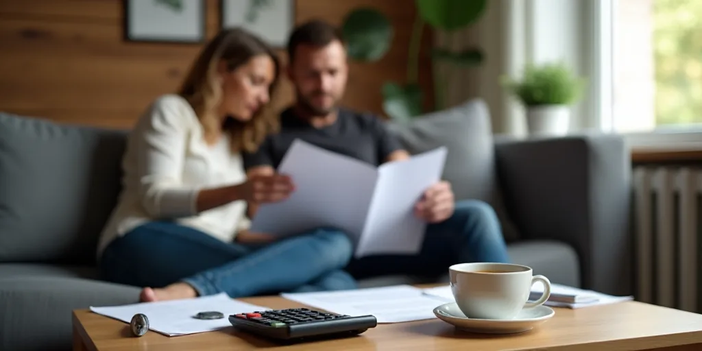 a man and woman sitting on a couch looking at paperwork and a calculator on a table with a cup of co