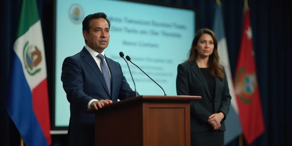 a man and woman standing at a podium in front of a screen with information on it and a flag, Carlos