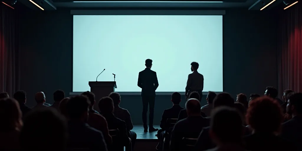 a man and woman standing at a podium in front of a crowd of people in front of a screen, Ángel Bote