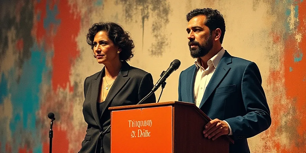 a man and woman standing at a podium with a microphone in front of them and a sign behind them, Davi