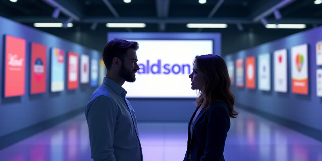 a man and woman standing in front of a sign at a trade show, talking to each other,, Doug Ohlson, an