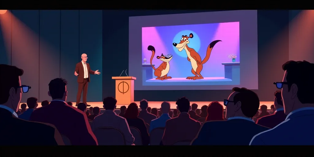 a man and woman standing on stage in front of a crowd of people at a convention or event with a scre