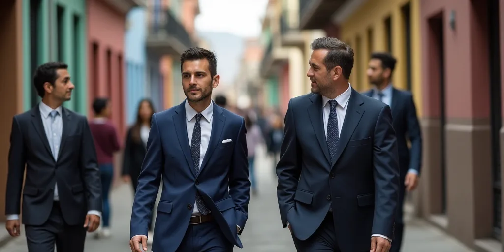 a man and woman walking down a street with other people behind them and a man in a suit and tie, Car