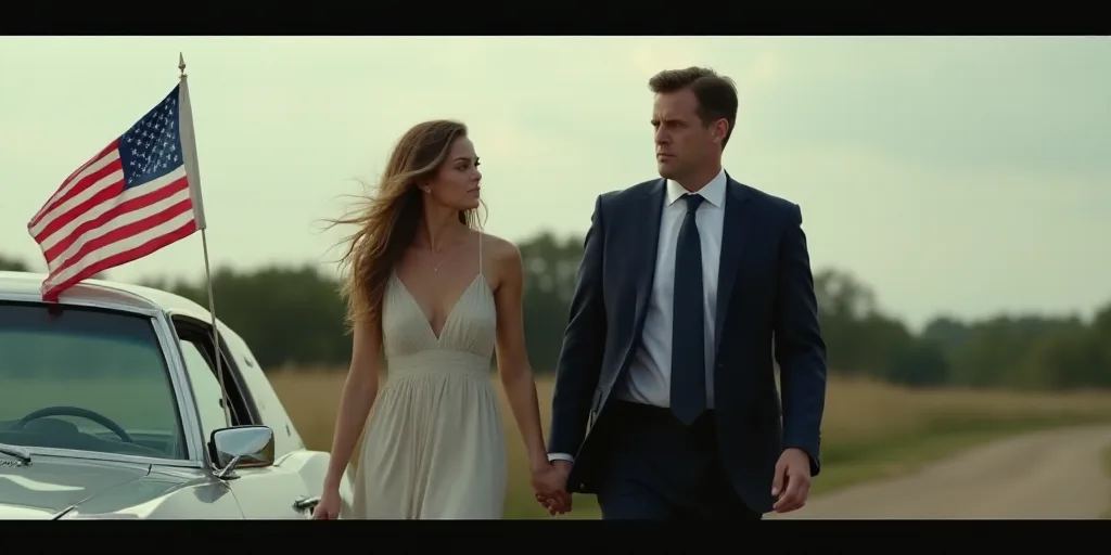 a man and woman walking next to a car with a flag on it and a man in a suit and tie, Donald Roller W