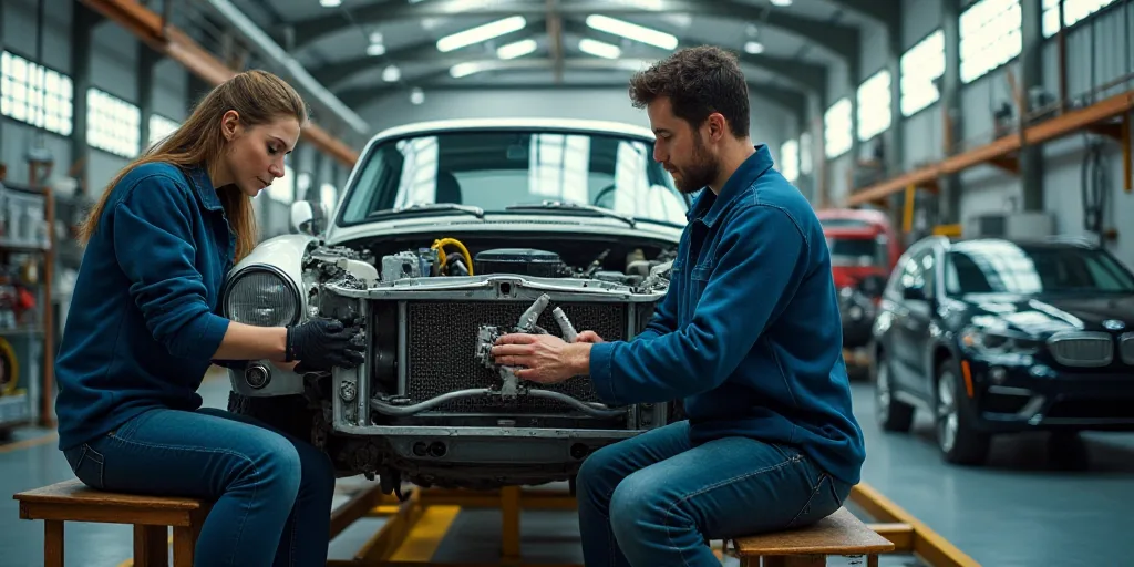a man and woman working on a car in a factory with a car being worked on by a mechanic, Edi Rama, xf