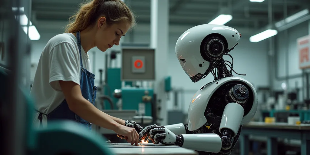 a man and woman working on a machine together in a factory with a sign on the wall that says,, Cefer