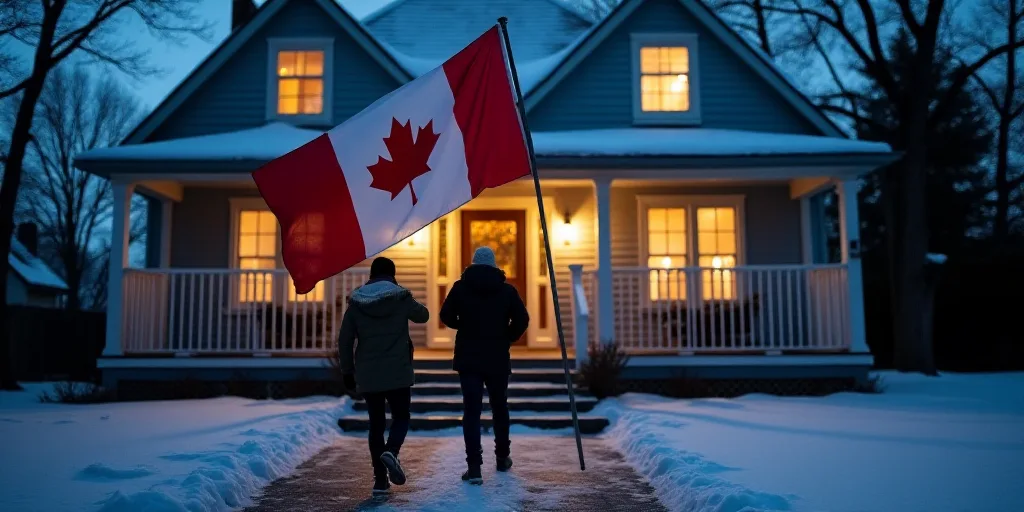 a man carrying a canadian flag in front of a house at night with snow on the ground and steps, Einar