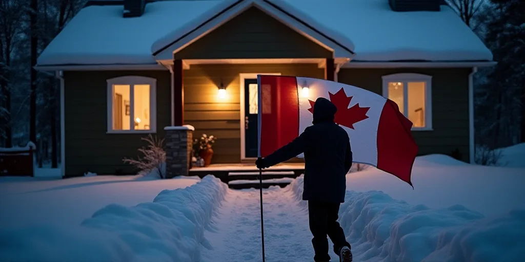 a man carrying a canadian flag in front of a house at night with snow on the ground and steps, Einar