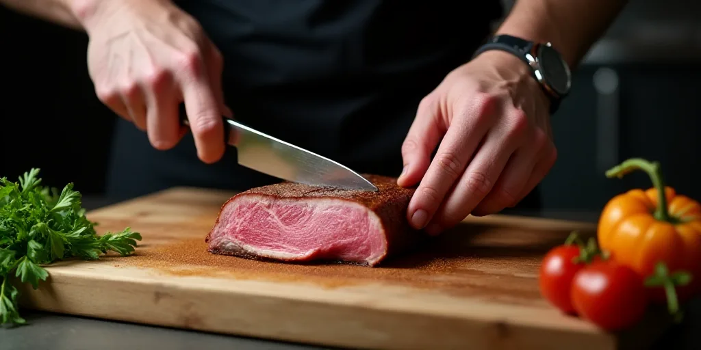 a man cutting a piece of meat with a knife and fork on a cutting board with a knife in his hand, Car