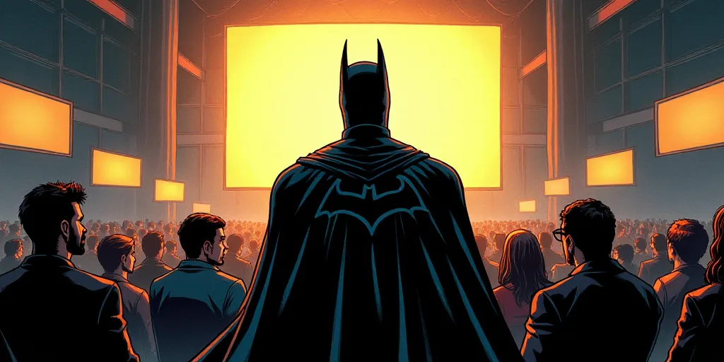 a man dressed as batman standing in a room full of people with a sign in the background that says,,