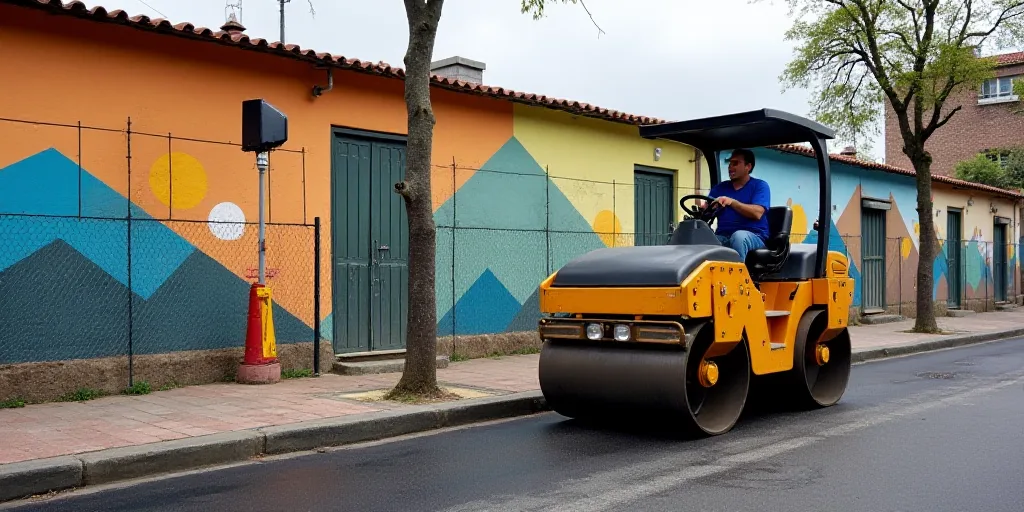 a man driving a small road roller down a street next to a building and a fenced in area, Ceferí Oli