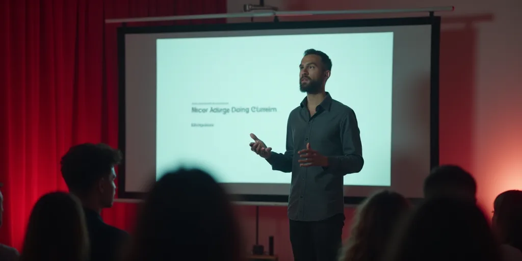a man giving a presentation on a large screen in a room with a red curtain and a white wall, Ada Gla