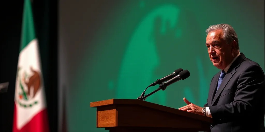 a man giving a speech at a podium with a microphone in front of him and a mexican flag behind him, C